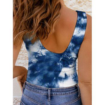Tie Dye Tank Top Textured Floral Lace Insert Plunging Neck Summer Casual Top