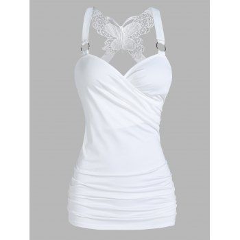Women Gothic Tank Top Ruched Butterfly Lace Cross Tank Top O Ring Surplice Summer Top Clothing L White