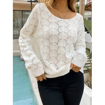Flower Lace Insert Crochet Sweater Long Sleeve Plain Color Pullover Sweater