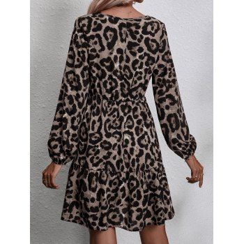 Leopard Allover Print Mini Dress Flounce Hem Long Sleeve V Neck A Line Dress