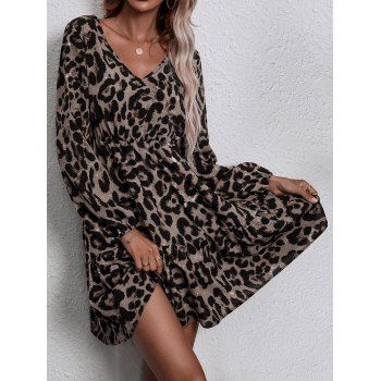 Leopard Allover Print Mini Dress Flounce Hem Long Sleeve V Neck A Line Dress, DRESSLILY  - buy with discount