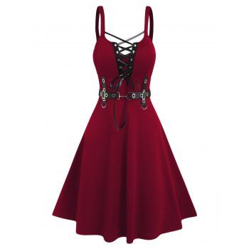 

Punk Gothic Dress Lace Up D-ring Eyelet Straps A Line Dress Sleeveless High Waist Dress, Deep red