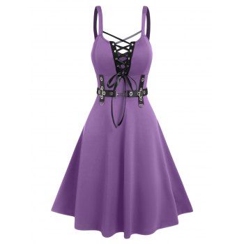 Punk Gothic Dress Lace Up D-ring Eyelet Straps A Line Dress Sleeveless High Waist Dress