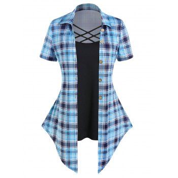

Plus Size Faux Twinset T Shirt Plaid Print Crisscross Mock Button Colorblock T Shirt, Light blue