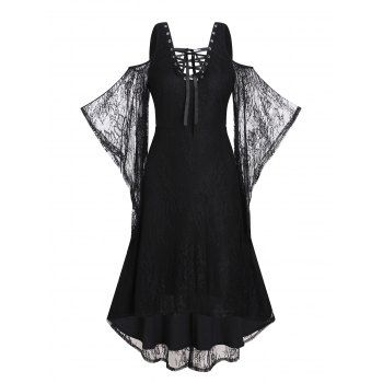 

Gothic High Low Dress Cold Shoulder Sheer Flower Lace Sleeve Lace Up Dress, Black