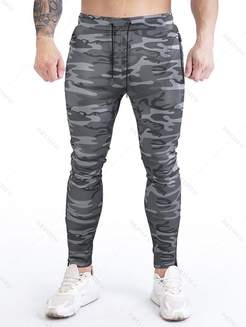 Pantalon de Sport à Imprimé Camouflage Zippé Taille Elastique à Cordon - Noir XL