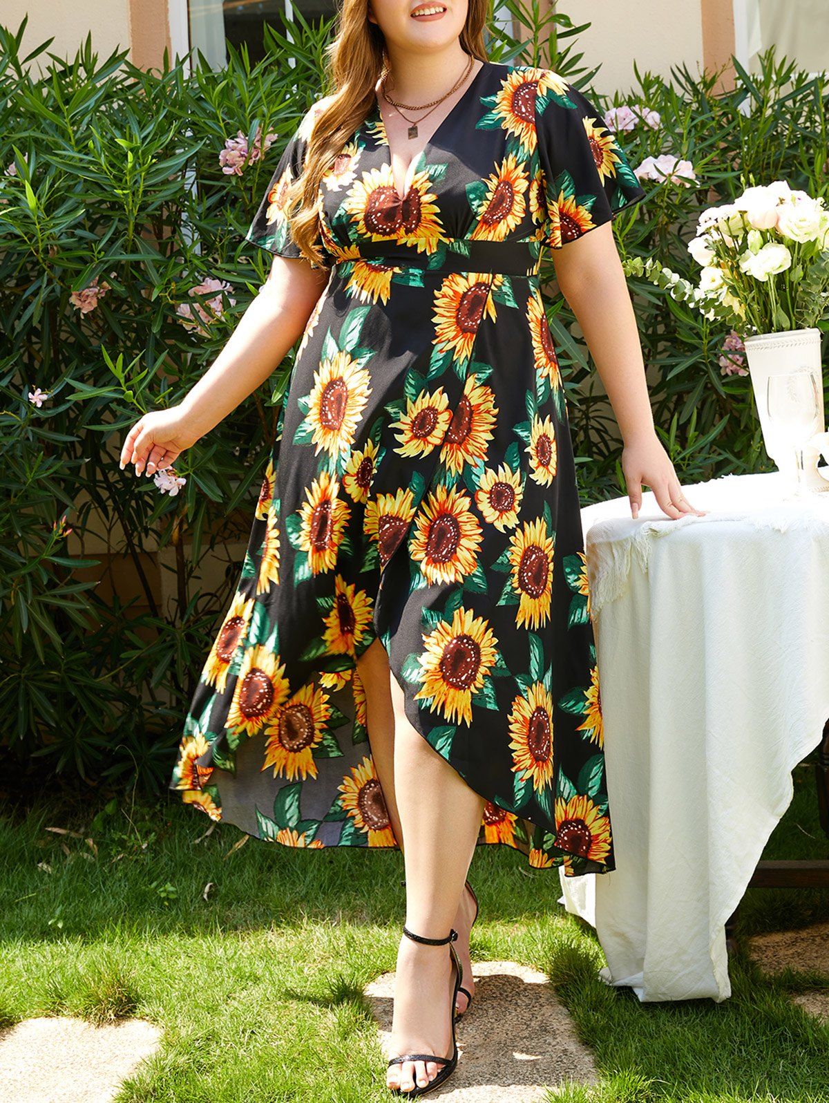 Plus Size & Curve Dress Sunflower Dress Plunge High Waisted Maxi High Low Vacation Dress - BLACK 5X