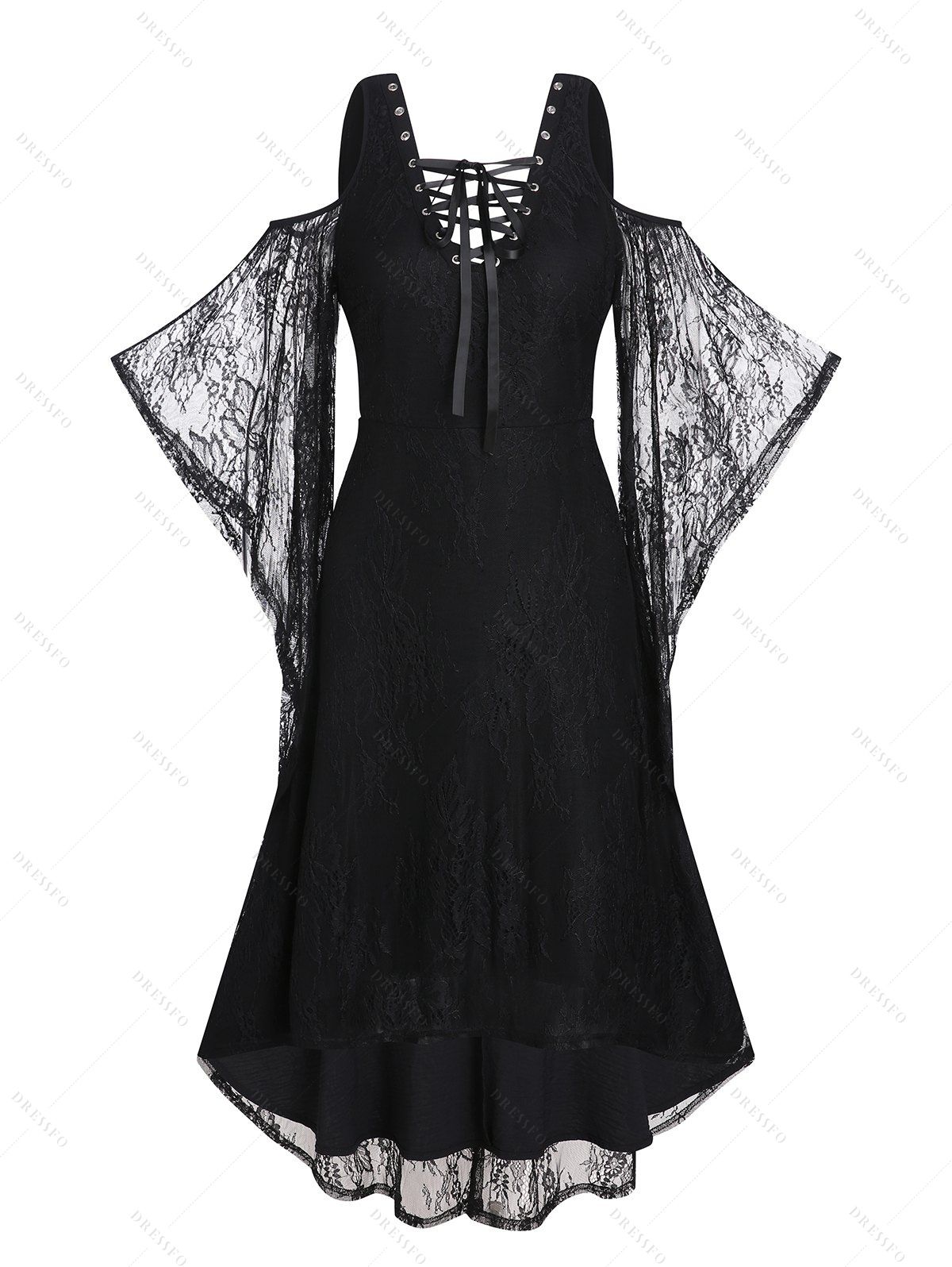 Gothic High Low Dress Cold Shoulder Sheer Flower Lace Sleeve Lace Up Dress - BLACK M