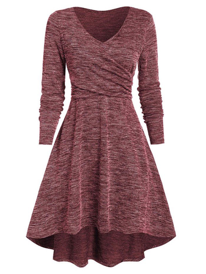 Knit Dress Heather Dress Crossover High Waisted Long Sleeve High Low Midi Casual Dress - RED 2XL