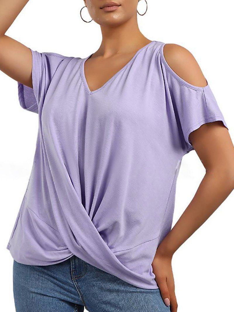 T-shirt Décontracté Croisé à Epaule Dénudée en Couleur Unie à Col V - Violet clair XL