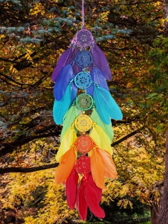 Attrape-Rêves en Forme de Rond Motif Plumes Colorées et Perles Décoration Maison à Suspendre - multicolor 
