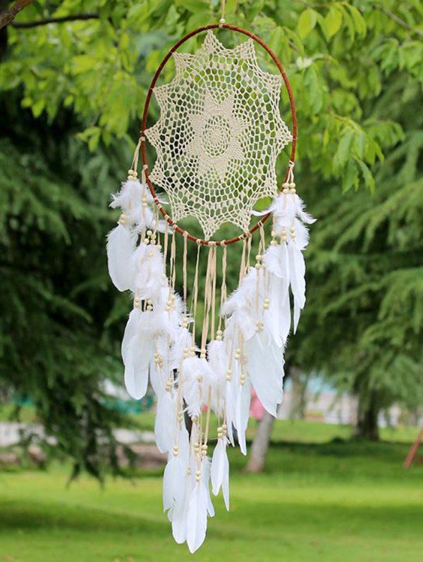 Attrape-Rêve Motif Plumes Perles Style Indien Décoration à Suspendre - Blanc 