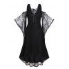 Robe Gothique Haute Basse Epaule Dénudée Fleur Transparente à Manches à Lacets - Noir XXL