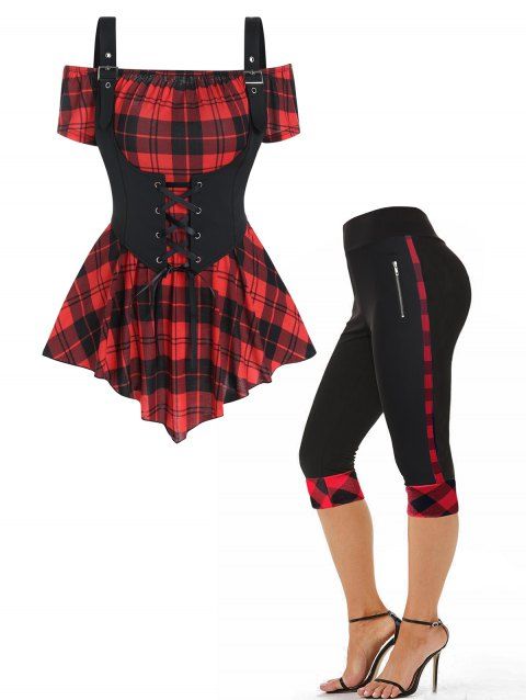 Plaid Print Off the Shoulder Asymmetric T Shirt Lace Up Corset Tank Top And High Waist Cropped Leggings Outfit