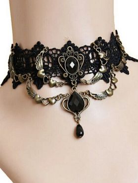 Vintage Choker Hollow Out Lace Faux Gem Heart Gothic Necklace