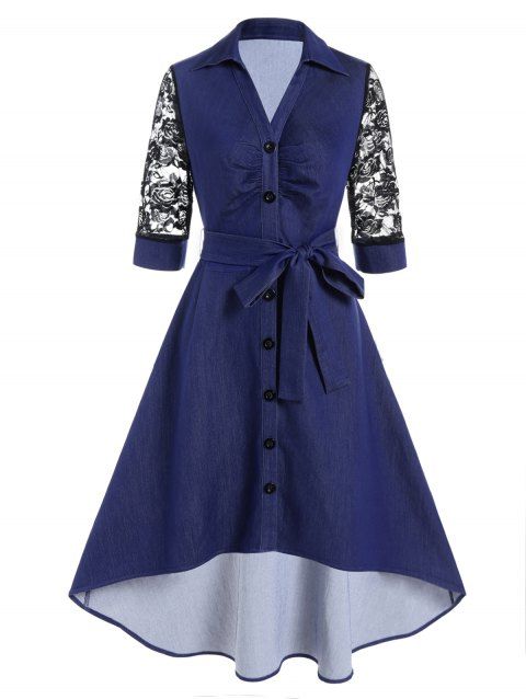 Vintage Dress Flower Lace Panel Belted Turn Down Collar Button-up High Low Midi Dress