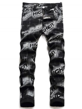 Higher Letter Allover Print Denim Pants Long Straight Zip Fly Casual Jeans