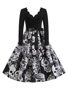 Gothic Dress Skull Flower Print High Waisted Dress Scalloped Belted Long Sleeve A Line Midi Dress