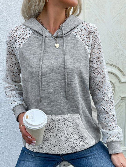 Heather Hoodie Hollow Out Lace Panel Pockets Long Sleeve Drawstring Casual Hoodie