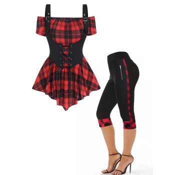 

Plaid Print Off the Shoulder Asymmetric T Shirt Lace Up Corset Tank Top And High Waist Cropped Leggings Outfit, Red