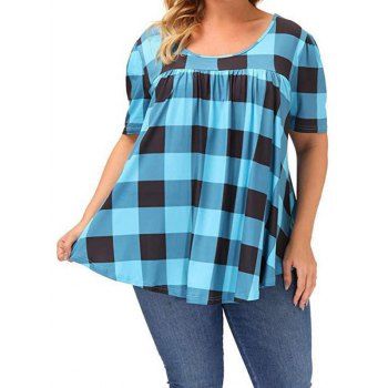 

Plus Size T Shirt Plaid Print T Shirt Short Sleeve Round Neck Casual Tee, Blue