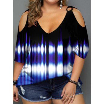 

Plus Size T Shirt Printed T Shirt Cold Shoulder Plunging Neck O Ring Casual Tee, Blue