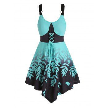 

Casual Dress Ombre Leaf Print Dress Lace Up Empire Waist Adjustable Shoulder Strap A Line Mini Dress, Green