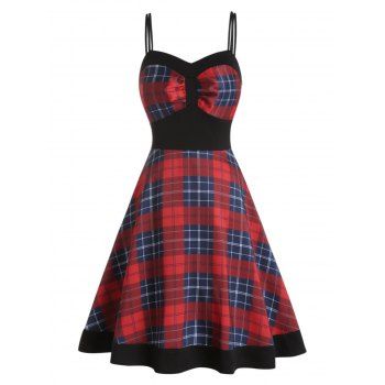 

Casual Dress Plaid Print Dress Empire Waist Dual Strap Sweetheart Neck A Line Mini Dress, Red