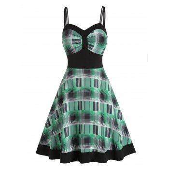 

Casual Dress Plaid Print Dress Empire Waist Dual Strap Sweetheart Neck A Line Mini Dress, Green