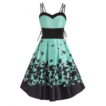 

Casual Sundress Colorblock Dress Butterfly Print Lace Up High Waisted A Line Mini Dress, Green