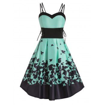 Casual Sundress Colorblock Dress Butterfly Print Lace Up High Waisted A Line Mini Dress