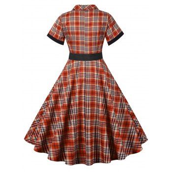Vintage Dress Plaid Print Dress Belted Half Button Turn Down Collar A Line Midi Dress