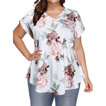 

Plus Size T Shirt Flower Leaf Print Tulip Sleeve V Neck Summer Casual Tee, White