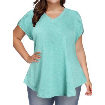 

Plus Size T Shirt Solid Color Tulip Sleeve V Neck Summer Casual Tee, Green
