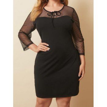 

Plus Size & Curve Dress Solid Color Polka Dot Lace Insert Keyhole Tied Front A Line Midi Dress, Black