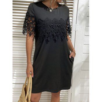 

Solid Color Dress Hollow Out Lace Insert Shift Dress Casual Midi Dress, Black