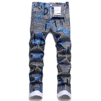

Zipper Fly Jeans Letter Plaid Print Jeans Pockets Casual Denim Pants, Blue