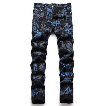 

Letter Print Jeans Zipper Fly Jeans Pockets Casual Denim Pants, Black