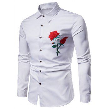 

Button Up Shirt Embroidery Rose Pattern Long Sleeve Turn Down Collar Casual Shirt, White