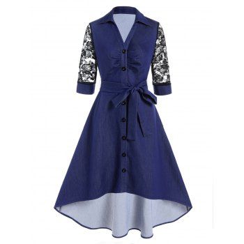 

Vintage Dress Flower Lace Panel Belted Turn Down Collar Button-up High Low Midi Dress, Deep blue