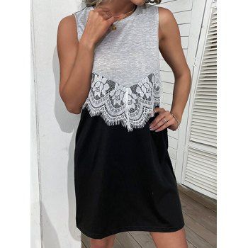 

Colorblock Dress Shift Dress Flower Lace Insert Sleeveless Casual Mini Dress, Light gray