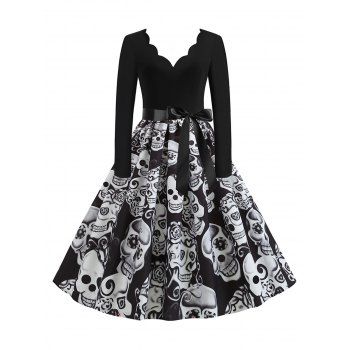 

Gothic Dress Skull Flower Print High Waisted Dress Scalloped Belted Long Sleeve A Line Midi Dress, Black