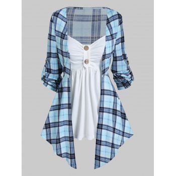 

Plaid Print Colorblock Faux Twinset Top Asymmetric Pointed Hem 2-In-1 Top Mock Button Ruched Bust Long Sleeve Twofer Top, Light blue