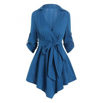 

Plain Color Surplice Asymmetric Blouse Embroidery Texture Belted Long Sleeve Blouse, Deep blue