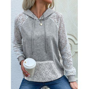 

Heather Hoodie Hollow Out Lace Panel Pockets Long Sleeve Drawstring Casual Hoodie, Light gray
