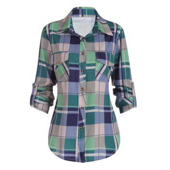 

Casual Shirt Plaid Print Shirt Long Sleeve Front Pocket Turn Down Collar Button-up Shirt, Light green