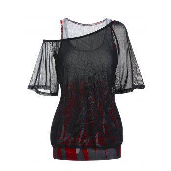 

Gothic Faux Twinset T Shirt See Thru Mesh Tree Braches Print Halloween Twofer T Shirt Cold Shoulder Short Sleeve 2-in-1 Tee, Gray