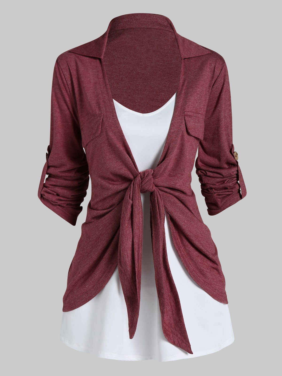 Asymmetric Roll Up Sleeve Mock Pocket Heathered Knot Top And Basic Camisole Contrast Two Piece Set - DEEP RED XXXL