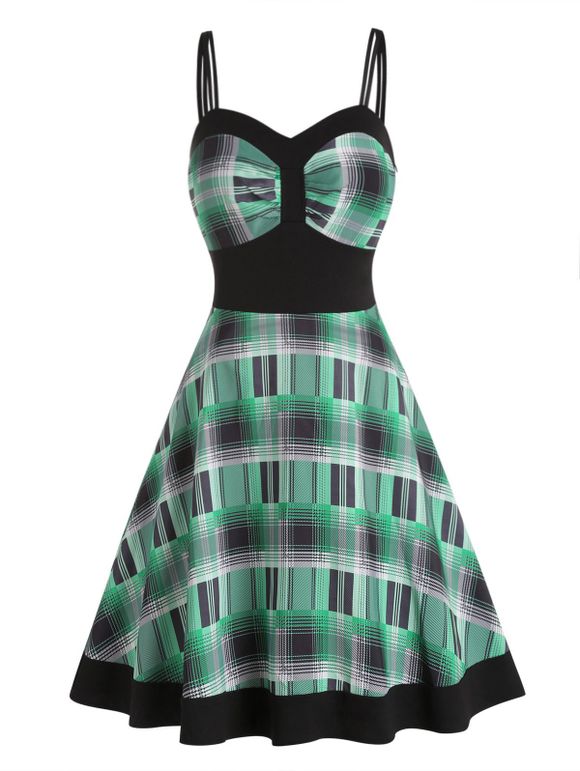 Casual Dress Plaid Print Dress Empire Waist Dual Strap Sweetheart Neck A Line Mini Dress - GREEN L