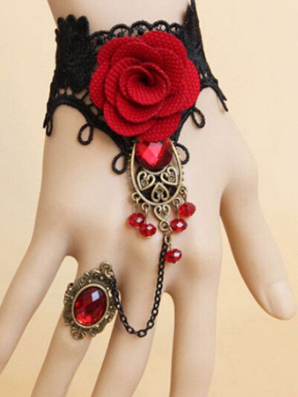 Bracelet en Dentelle Motif Roses et Pierres Fantaisies Style Gothique Vintage - Noir 